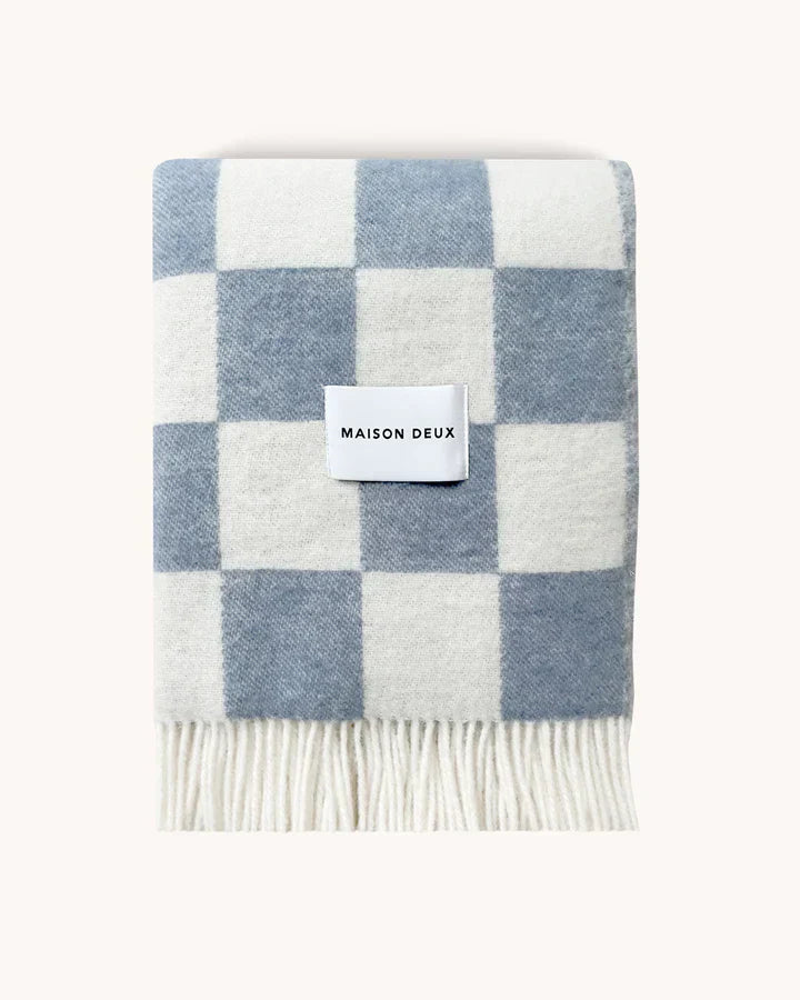 Maison Deux Blanket CHECKERBOARD Denim Blue / White 4.25 x 6.5 ft