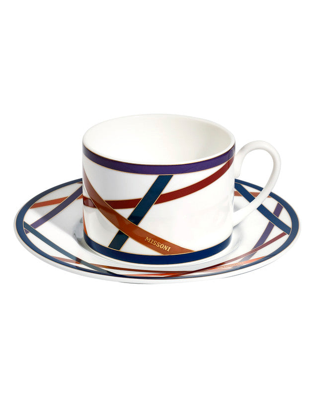 Missoni Home Tea Cup & Saucer NASTRI Set of 6 in Luxury Box Multicolor diam. 3.3", H 2.3", cap. 7.5 oz, Saucer dim. 6"