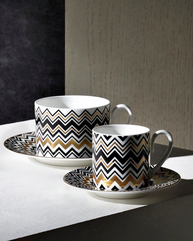 Missoni Home Coffee Cup & Saucer ZIG ZAG Set of 2 in Luxury Box Gold diam. 2.3", H 2.5", Cap. 4 oz, Saucer diam. 4.75"