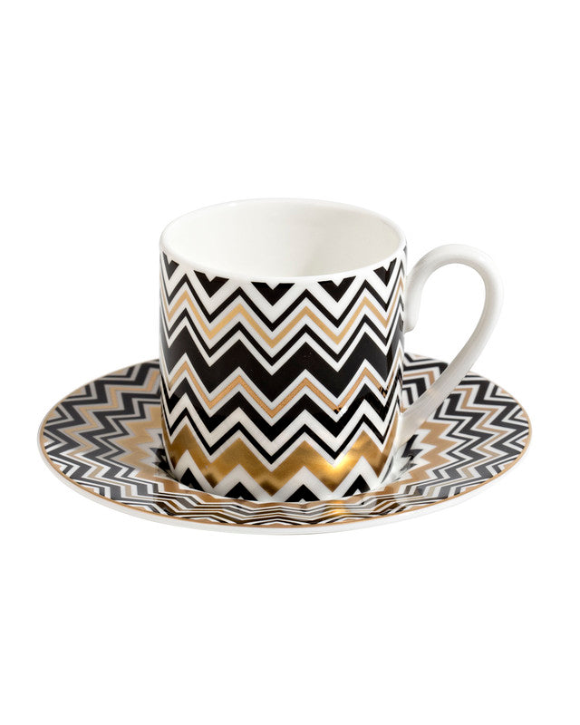 Missoni Home Coffee Cup & Saucer ZIG ZAG Set of 2 in Luxury Box Gold diam. 2.3", H 2.5", Cap. 4 oz, Saucer diam. 4.75"