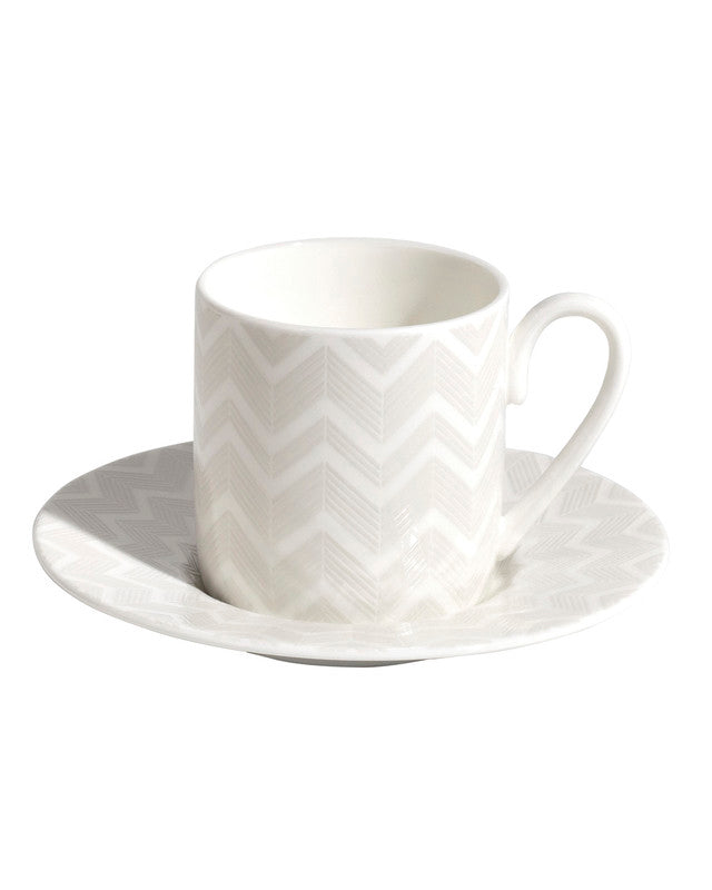 Missoni Home Coffee Cup & Saucer ZIG ZAG Set of 2 in Luxury Box White diam. 2.3", H 2.5", Cap. 4 oz, Saucer diam. 4.75"