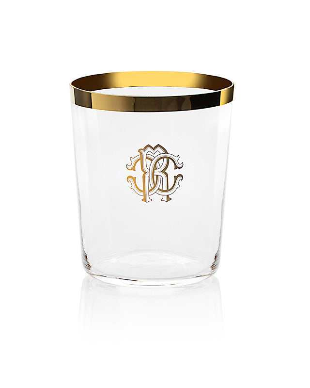 Roberto Cavalli Home Old Fashion Glass NEW MONOGRAM  Gold diam. 3.5", H 4", cap. 14.75 oz