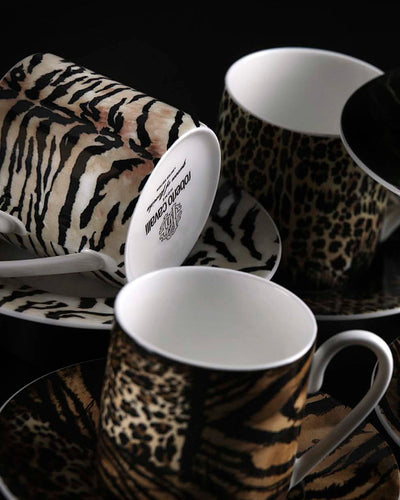 Roberto Cavalli Home Coffee Cup & Saucer AFRICA CASABLANCA AND MALINDI Set of 2 in Luxury Box  diam. 2.3", H 2.5", Cap. 4 oz, Saucer diam. 4.75"