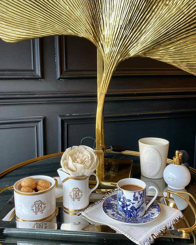 Roberto Cavalli Home Coffee Cup & Saucer AZULEJOS Set of 2 in Luxury Box  diam. 2.3", H 2.5", Cap. 4 oz, Saucer diam. 4.75"