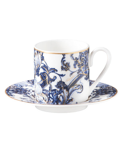 Roberto Cavalli Home Coffee Cup & Saucer AZULEJOS Set of 2 in Luxury Box  diam. 2.3", H 2.5", Cap. 4 oz, Saucer diam. 4.75"