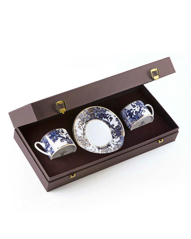 Roberto Cavalli Home Tea Cup & Saucer AZULEJOS Set of 2 in Luxury Box diam. 3.3", H 2.3", cap. 7.5 oz, Saucer diam. 6"