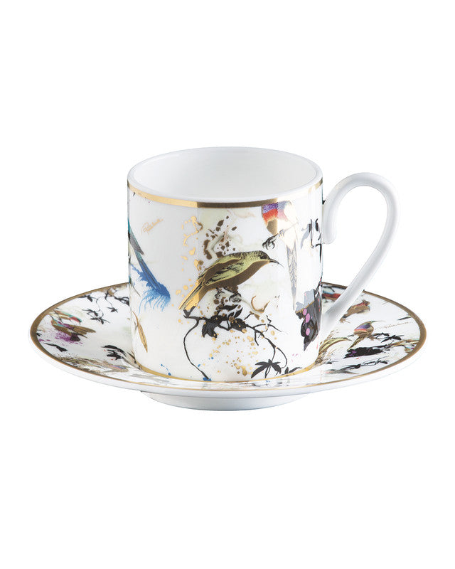 Roberto Cavalli Home Coffee Cup & Saucer GARDEN'S BIRDS Set of 2 in Luxury Box  diam. 2.3", H 2.5", Cap. 4 oz, Saucer diam. 4.75"