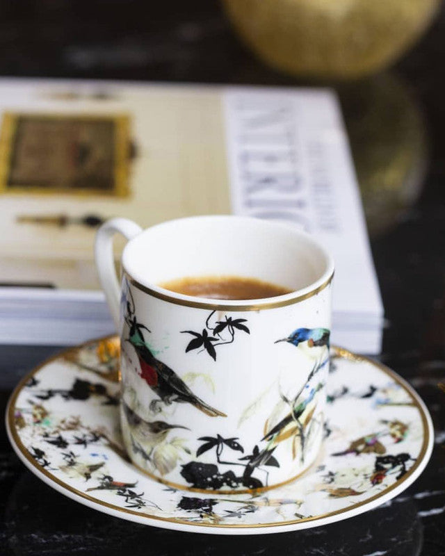 Roberto Cavalli Home Tea Cup & Saucer GARDEN'S BIRDS Set of 2 in Luxury Box diam. 3.3", H 2.3", cap. 7.5 oz, Saucer diam. 6"