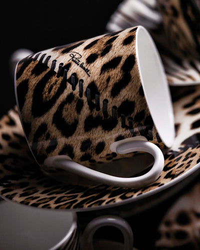 Roberto Cavalli Home Coffee Cup & Saucer JAGUAR Set of 2 in Luxury Box  diam. 2.3", H 2.5", Cap. 4 oz, Saucer diam. 4.75"