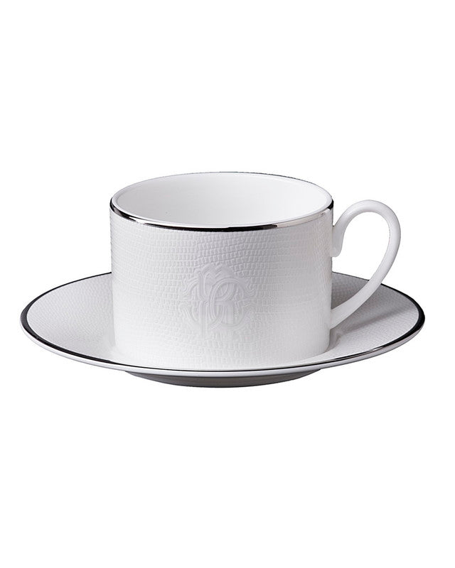 Roberto Cavalli Home Tea Cup & Saucer LIZARD PLATIN Set of 2 in Luxury Box diam. 3.3", H 2.3", cap. 7.5 oz, Saucer diam. 6"