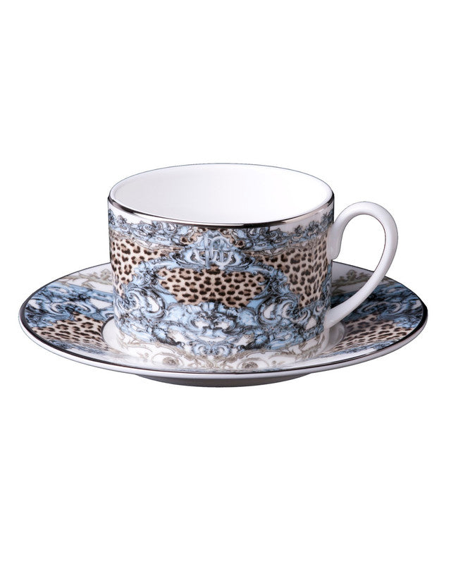 Roberto Cavalli Home Tea Cup & Saucer PALAZZO PITTI Set of 2 in Luxury Box 3.3", H 2.3", cap. 7.5 oz, Saucer 6"