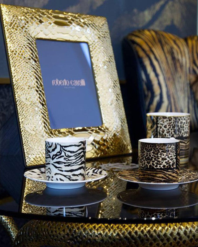 Roberto Cavalli Home Coffee Cup & Saucer ZEBRAGE Set of 2 in Luxury Box  diam. 2.3", H 2.5", Cap. 4 oz, Saucer diam. 4.75"