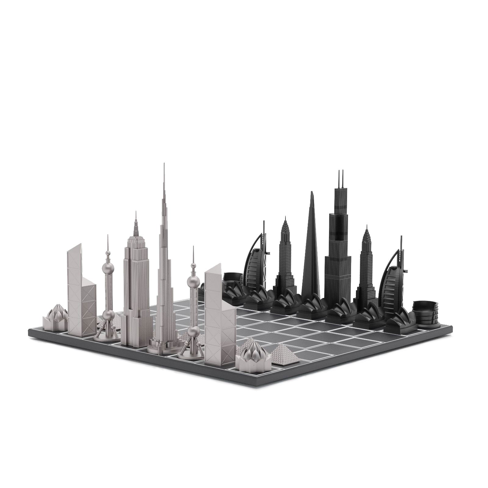 Skyline Chess Chess Set Stainless Steel World Icons Edition with Wooden Grid Board