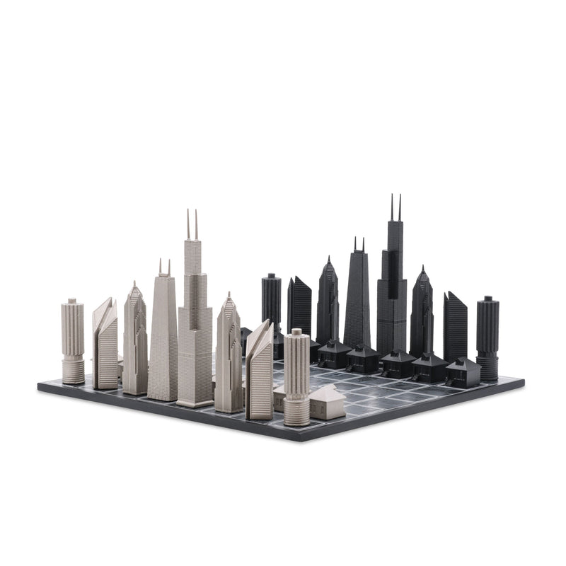 Skyline Chess Chess Set Stainless Steel CHICAGO Edition with Wood Map Board