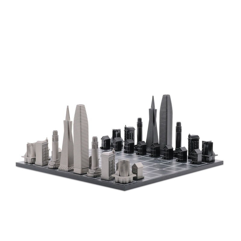 Skyline Chess Chess Set Stainless Steel SAN FRANCISCO Edition with Wood Map Board